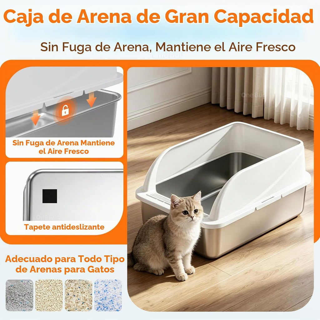 Caja de arena para gatos de acero inoxidable con cuchara, tamaño mediano