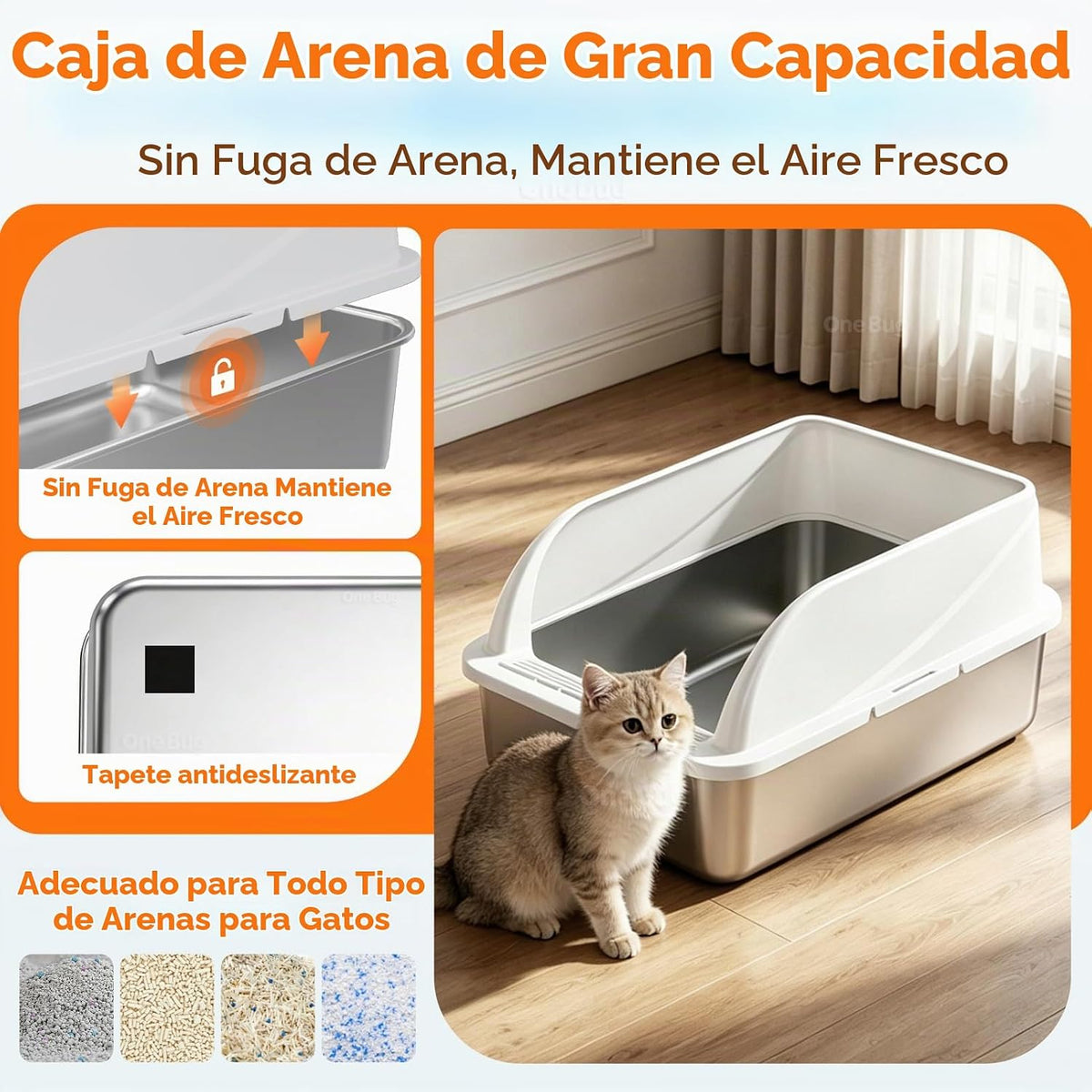 Caja de arena para gatos de acero inoxidable con cuchara, tamaño mediano