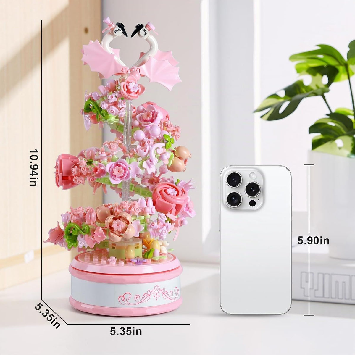 Kit de bloques de construcción de caja de música de flores con luz, 713 piezas, decoración giratoria, caja de música, colección botánica, día de la madre, regalos de cumpleaños para niñas, niños, adultos, niños a partir de 6 años