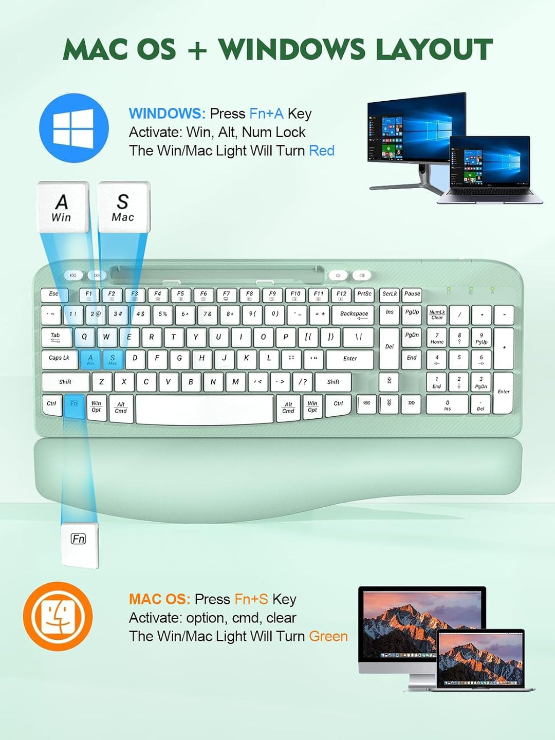 Teclado inalámbrico ergonómico con reposamuñecas acolchado, teclas...
