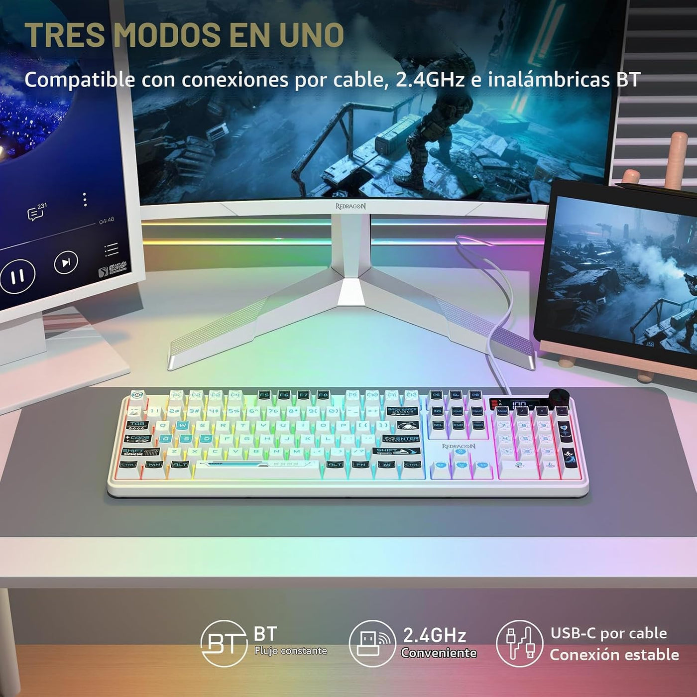 Redragon Teclado inalámbrico K526 PRO RGB para juegos, 104 teclas d...