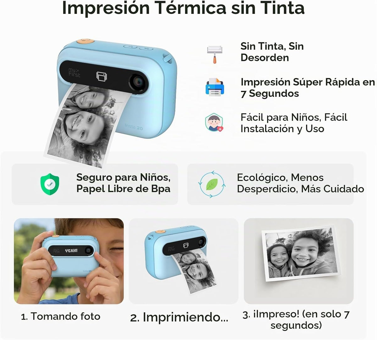 myFirst Cámara de impresión instantánea para niños, 16MP con 9 rollos de