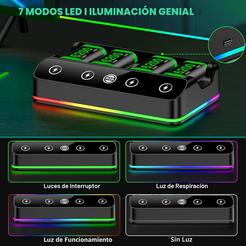 DINOSTRIKE Paquete de 4 baterías de 6200 mWh compatibles con estación de carga del controlador Xbox One/Series S/X. Cable USB C extendido: batería recargable para Xbox