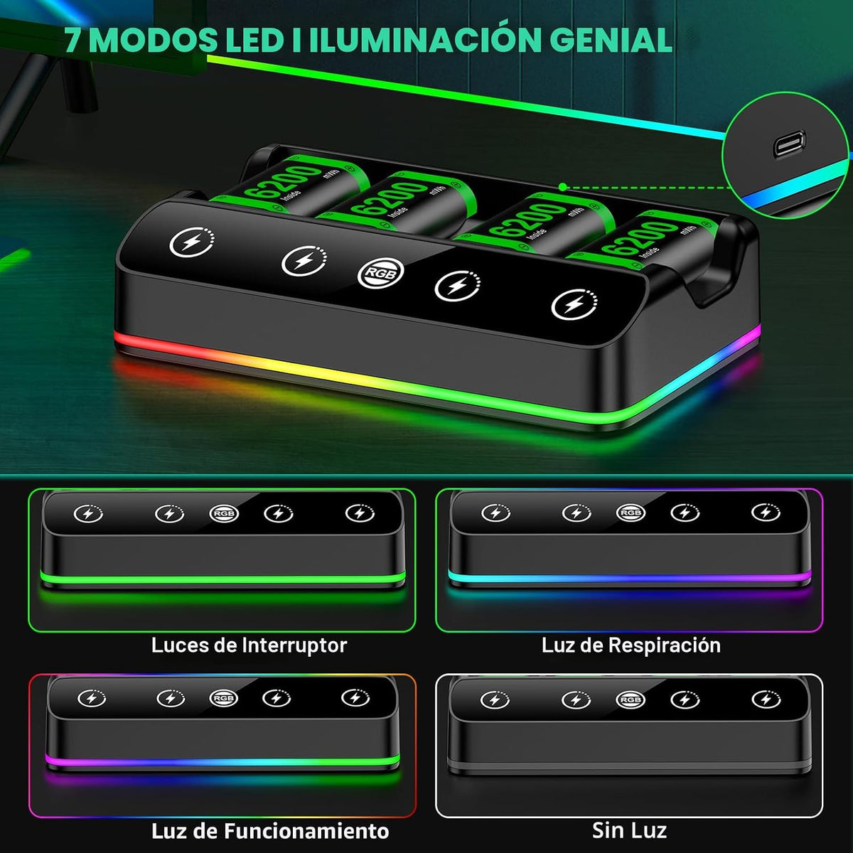DINOSTRIKE Paquete de 4 baterías de 6200 mWh compatibles con estación de carga del controlador Xbox One/Series S/X. Cable USB C extendido: batería recargable para Xbox