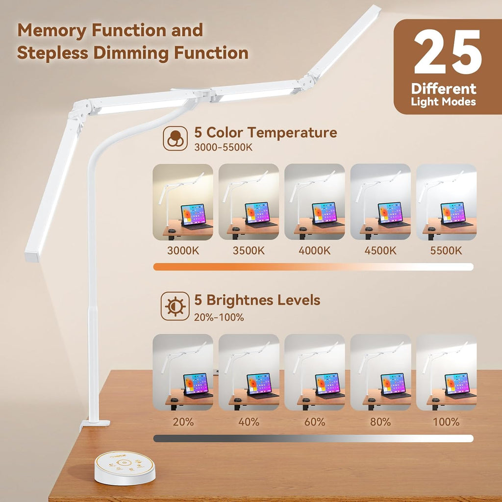 Lámpara Lámpara de escritorio LED con abrazadera: lámpara de escritorio de arquitecto para oficina en casa, cuidado de los ojos, monitor de computadora de doble cabeza, luz de escritorio de trabajo con control remoto, lámpara de mesa de escritorio