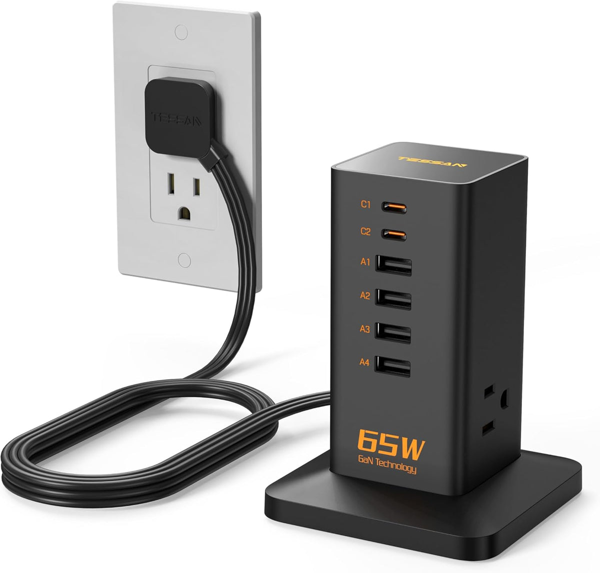 Estación de carga USB para múltiples dispositivos PD 65W, TESSAN 9 en 1 USB C Bloque de cargador para iPhone 16/15, MacBook, tableta, cargador de escritorio tipo C con 3 CA, accesorios de oficina de