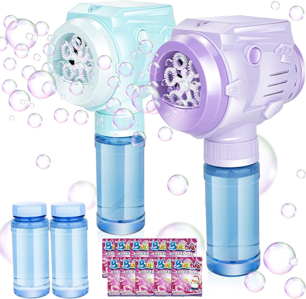 Pistolas automáticas de burbujas con luz, 2 máquinas de burbujas de alto rendimiento con solución de burbujas y concentrado de burbujas, juguetes manuales para hacer burbujas a batería para más de