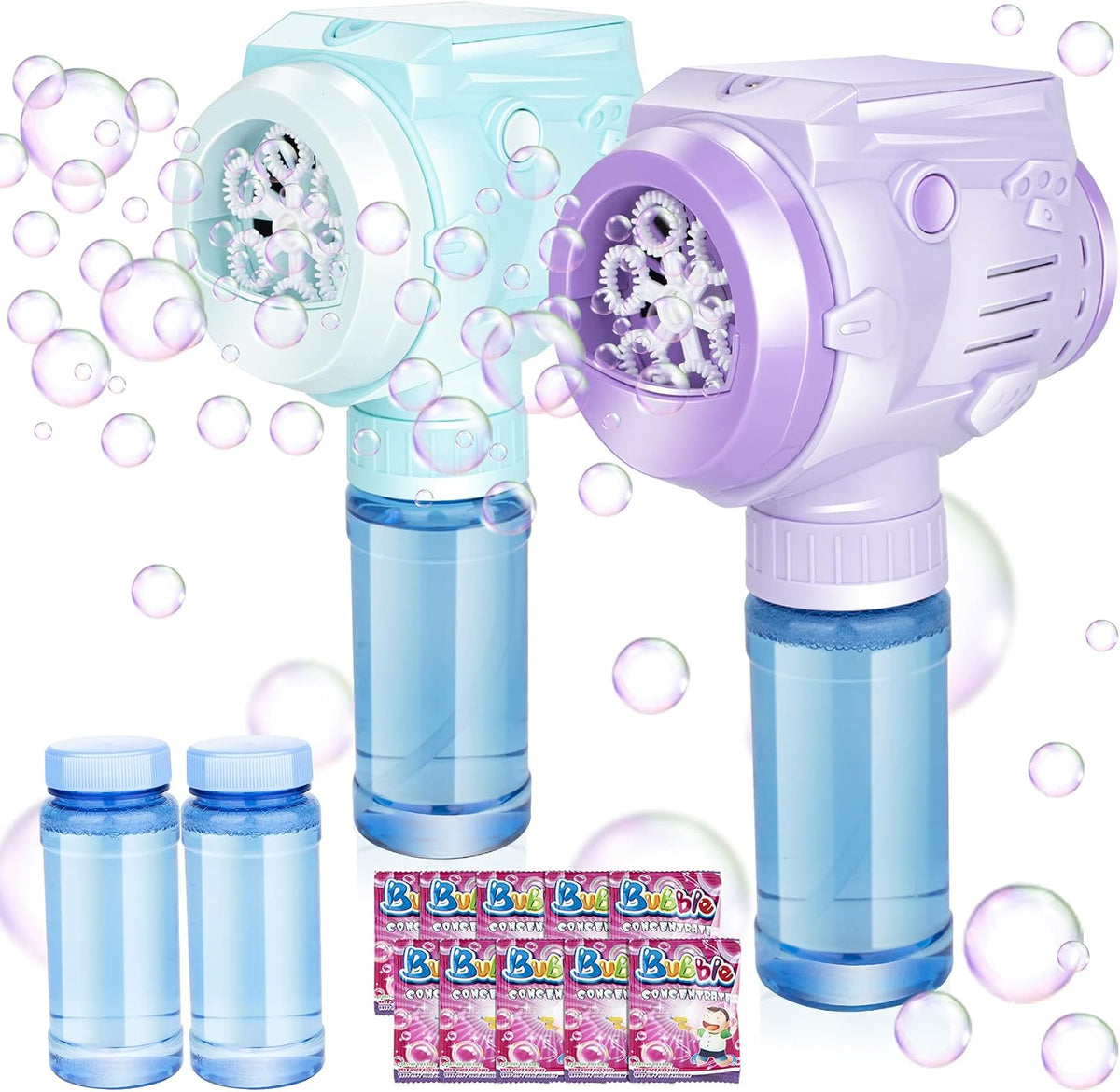 Pistolas automáticas de burbujas con luz, 2 máquinas de burbujas de alto rendimiento con solución de burbujas y concentrado de burbujas, juguetes manuales para hacer burbujas a batería para más de