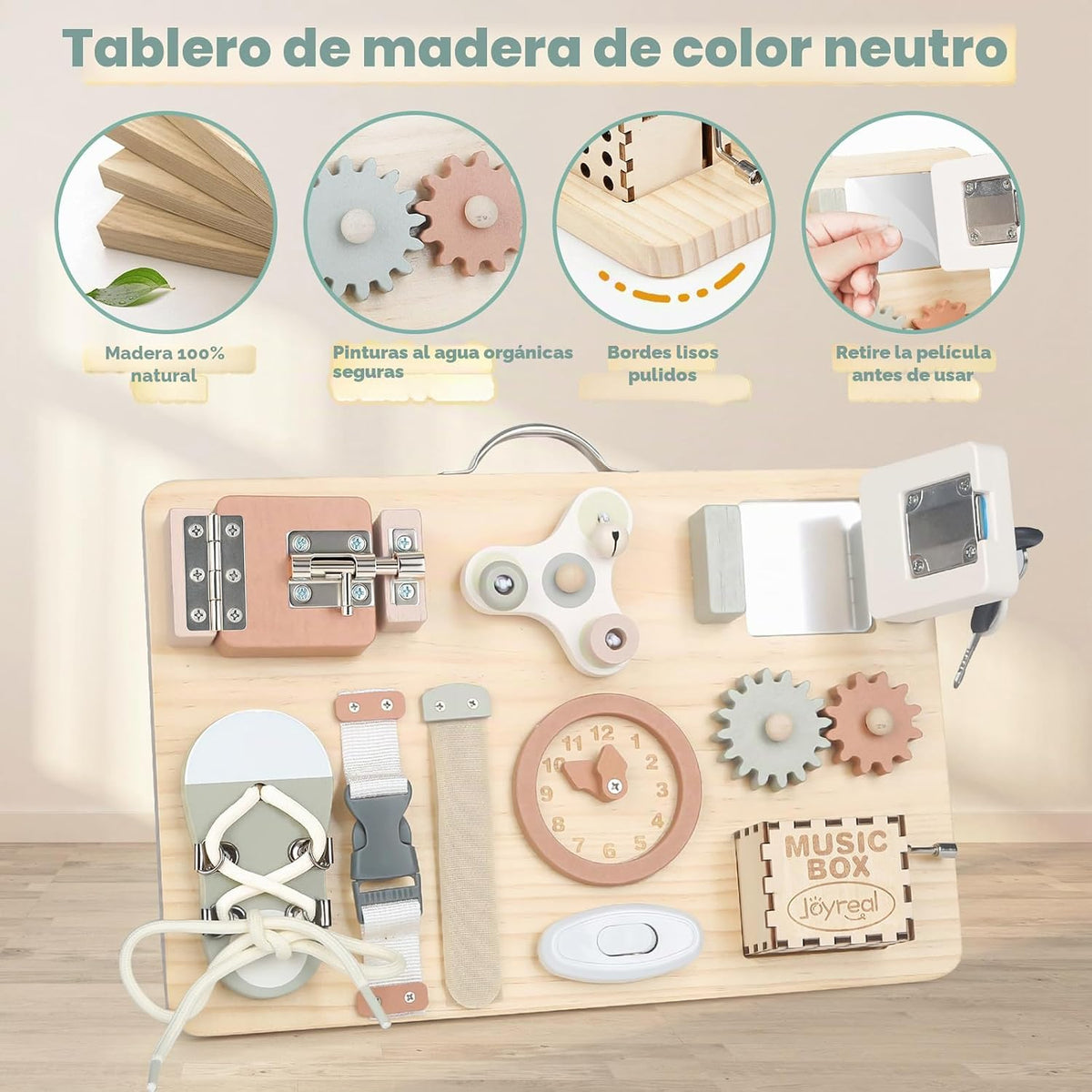 Joyreal Tablero de madera para niños pequeños, juguetes Montessori para niños de 1, 2, 3 años, tablero de actividades sensoriales con caja de música y 12 actividades de habilidades motoras, juguetes