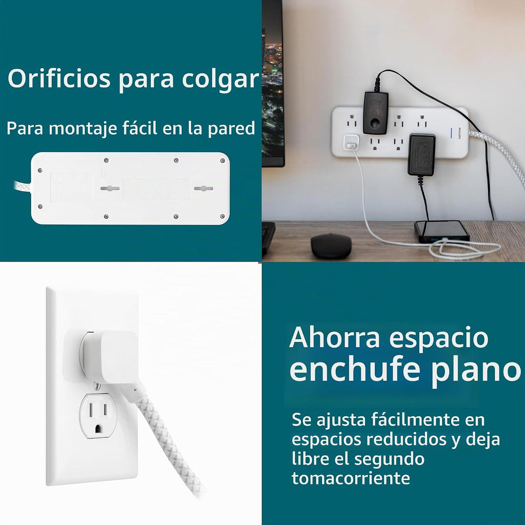 Philips Regleta protectora de sobretensiones, cable de extensión trenzado