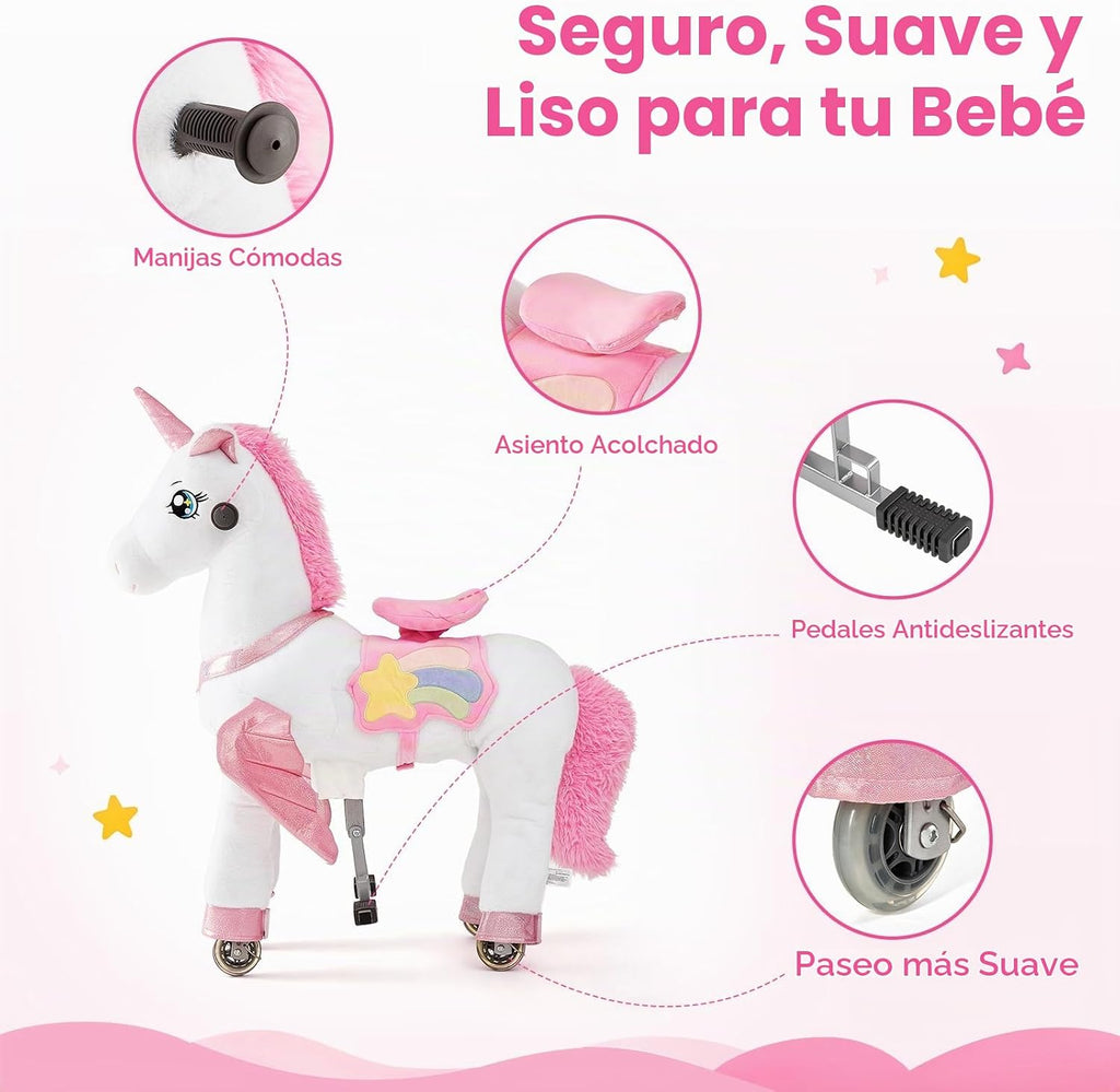 FUNLIO Caballo de unicornio para niños de 3 a 6 años, juguetes de felpa con ruedas para jugar en interiores y exteriores, fácil de montar, certificado CPC y CE, pequeño