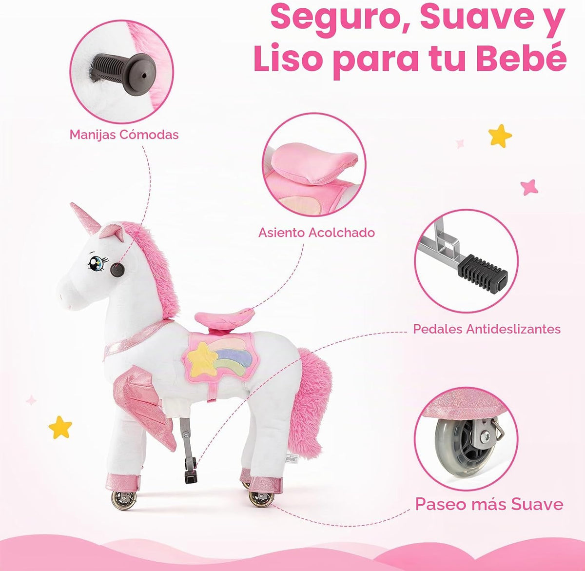 FUNLIO Caballo de unicornio para niños de 3 a 6 años, juguetes de felpa con ruedas para jugar en interiores y exteriores, fácil de montar, certificado CPC y CE, pequeño