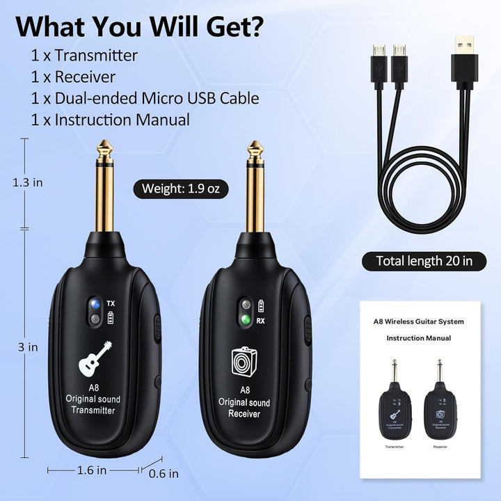 INGPARTNER Sistema de guitarra inalámbrico A8 UHF, 2 modos, batería...