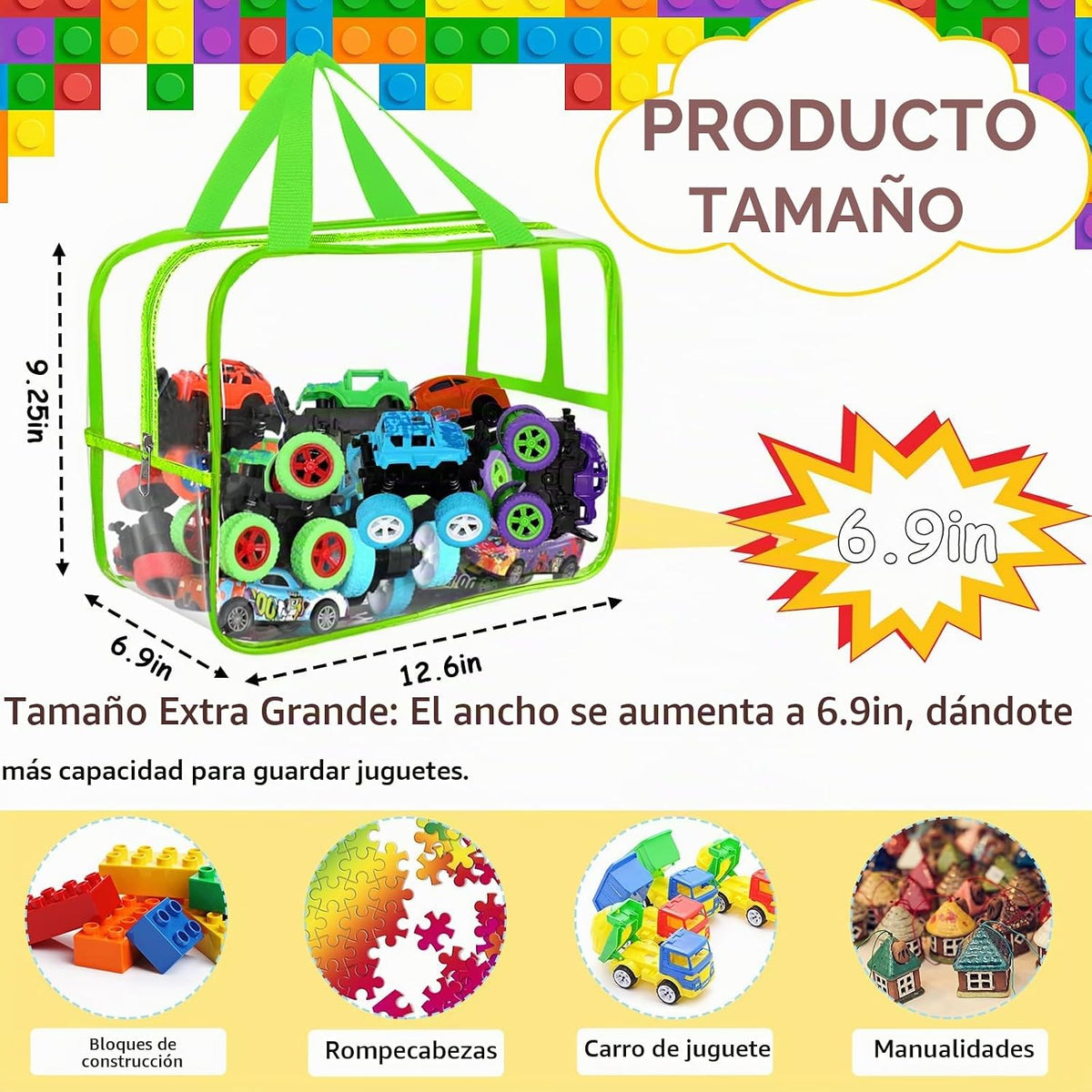 Bolsas de almacenamiento extragrandes de 6 colores amplias de 12.6 x 9.25 x 6.9 pulgadas con etiquetas, almacenamiento reutilizable de PVC transparente, bolsas organizadoras impermeables con