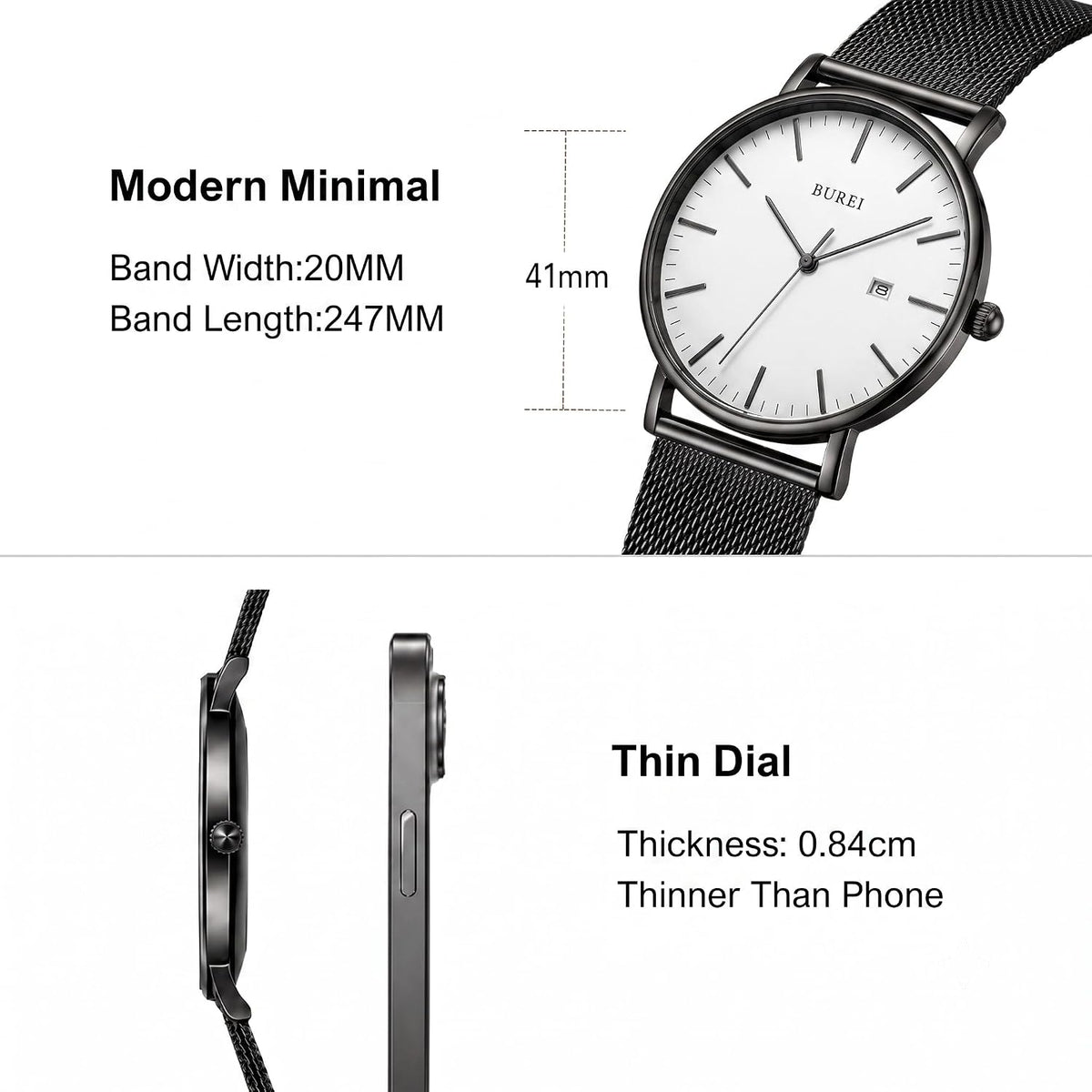 BUREI Relojes de pulsera para hombre, relojes minimalistas de moda, analógicos de cuarzo, impermeables para hombres