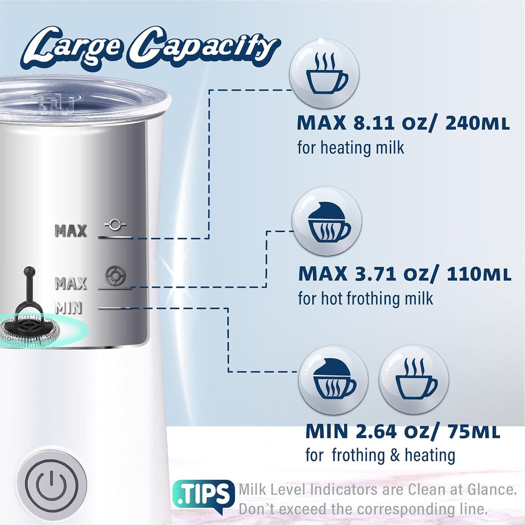 Espumador de leche simple y vaporizador de leche 2 en 1 con espuma de leche caliente y leche caliente para latte, macchiato, capuchino, blanco (mediano)