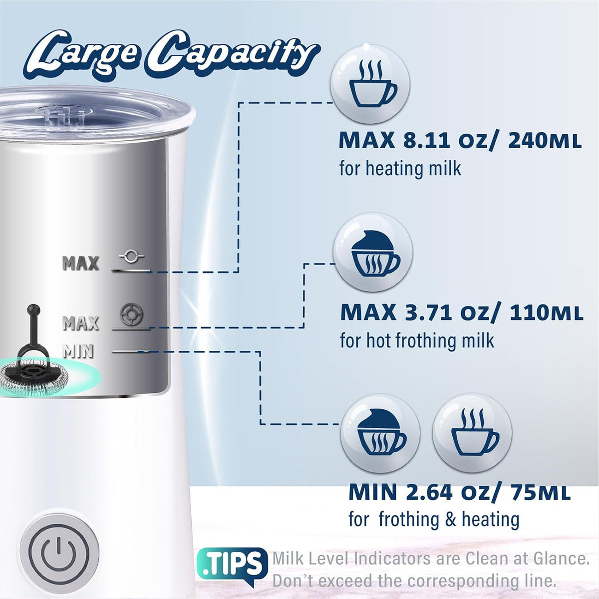 Espumador de leche simple y vaporizador de leche 2 en 1 con espuma de leche caliente y leche caliente para latte, macchiato, capuchino, blanco (mediano)