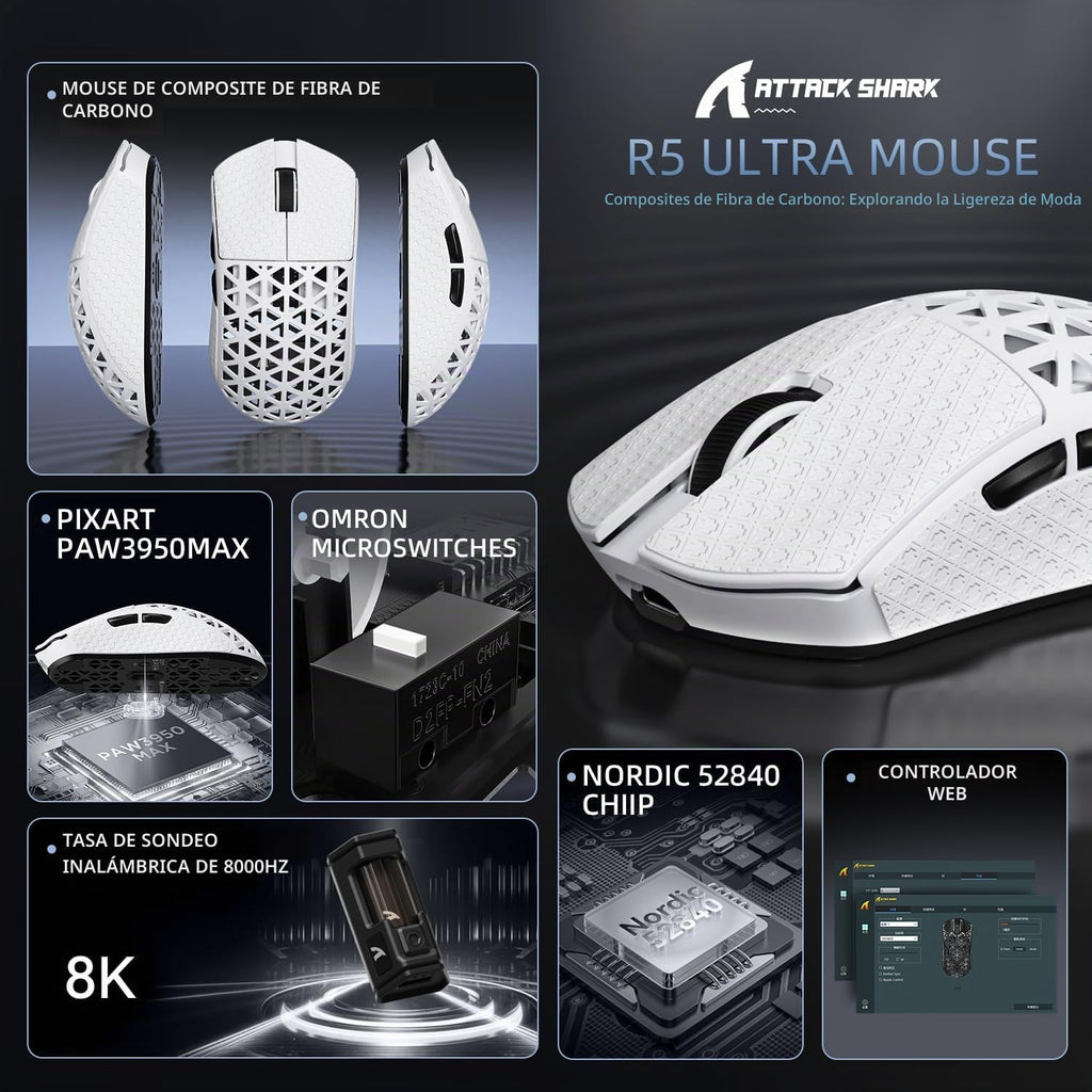R5Ultra 8K Ratón Inalámbrico de Fibra de Carbono para Juegos con 42,000 DPI - Sensor PAW3950 MAX - Chip MCU Nordic 52840 - 39g Ultraligero - Ratones Programables con Cable/BT/2.4GHz Griptape para PC