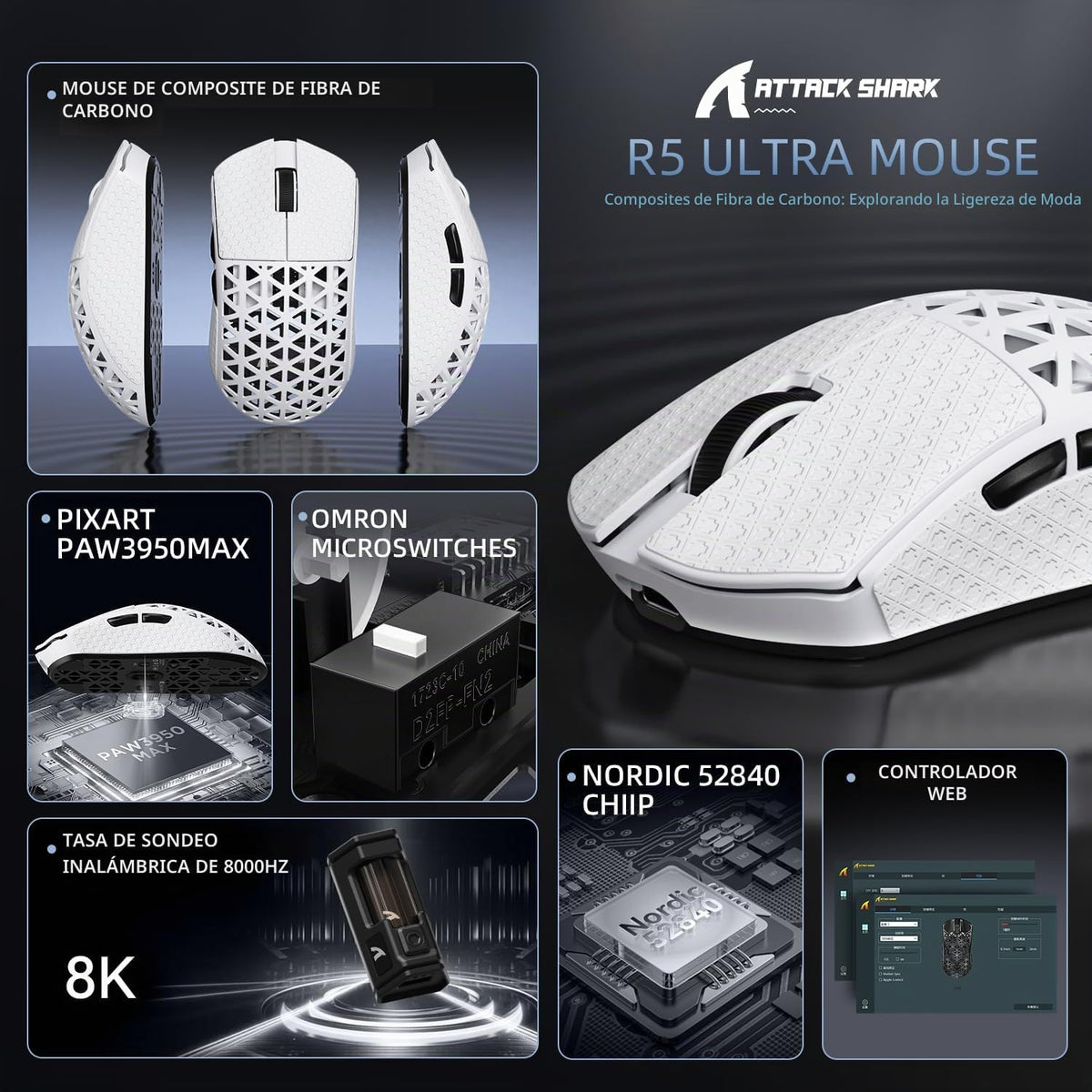 R5Ultra 8K Ratón Inalámbrico de Fibra de Carbono para Juegos con 42,000 DPI - Sensor PAW3950 MAX - Chip MCU Nordic 52840 - 39g Ultraligero - Ratones Programables con Cable/BT/2.4GHz Griptape para PC