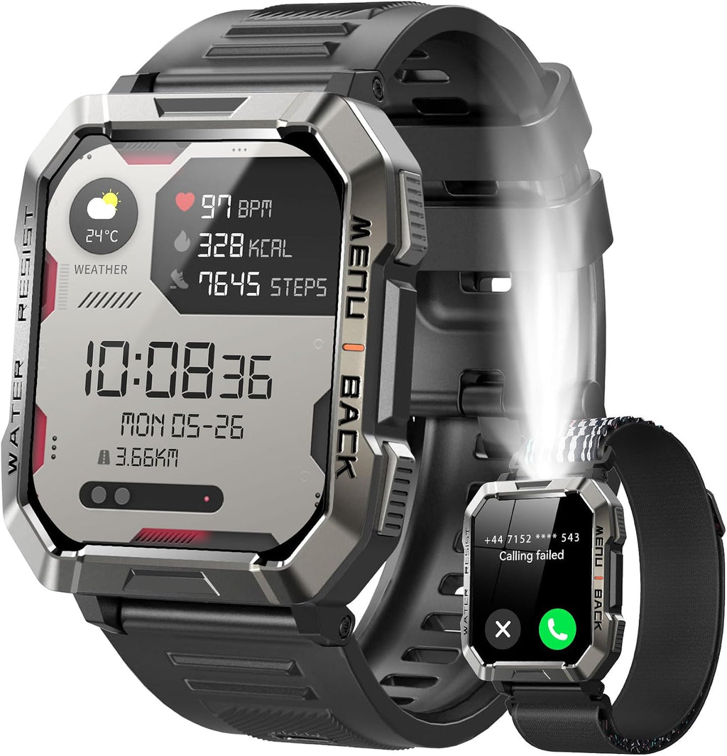 Reloj inteligente militar para hombre (respuesta/hacer llamadas), reloj inteligente de 2.01 pulgadas para Android y iPhone, rastreador de actividad física con linterna/brújula/batería de 100 días/frecuencia cardíaca/sueño/más de 100 modos deportivos (2