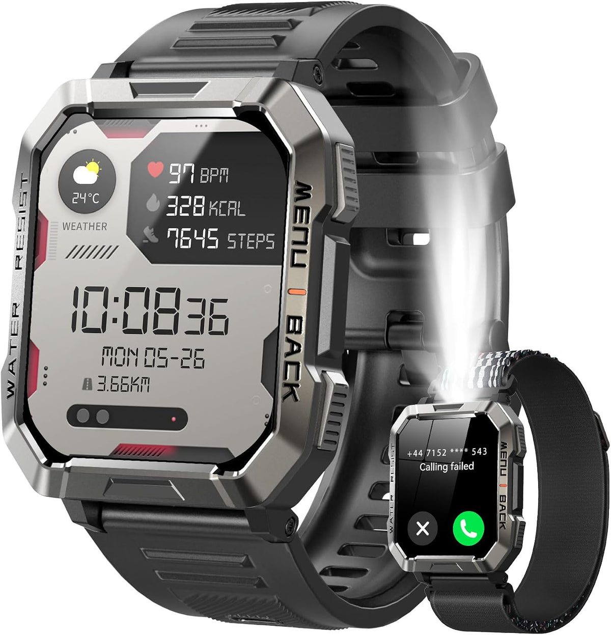 Reloj inteligente militar para hombre (respuesta/hacer llamadas), reloj inteligente de 2.01 pulgadas para Android y iPhone, rastreador de actividad física con linterna/brújula/batería de 100 días/frecuencia cardíaca/sueño/más de 100 modos deportivos (2