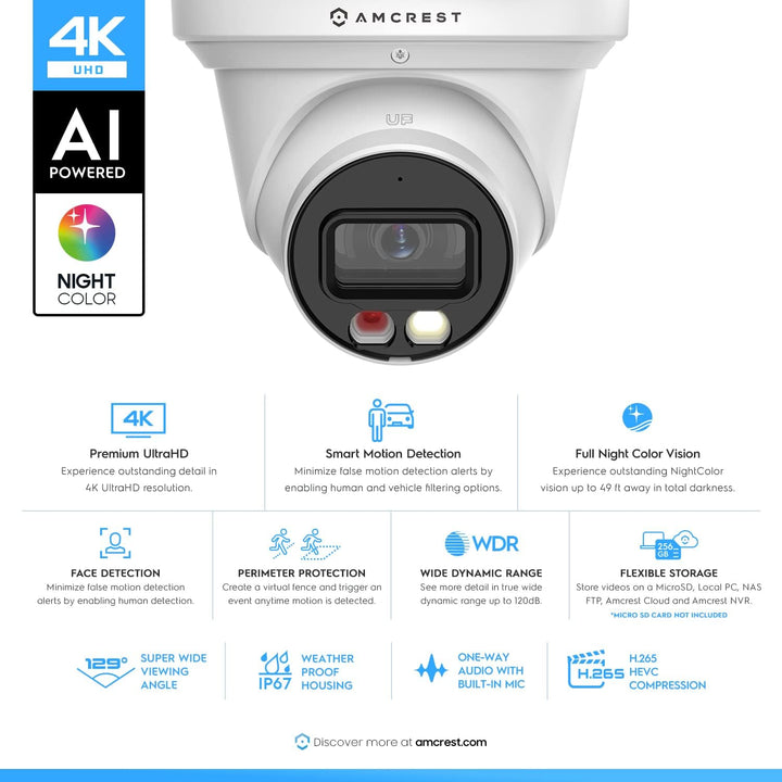 Amcrest Cámara IP PoE AI UltraHD 4K (8MP), color nocturno de 49 pie...