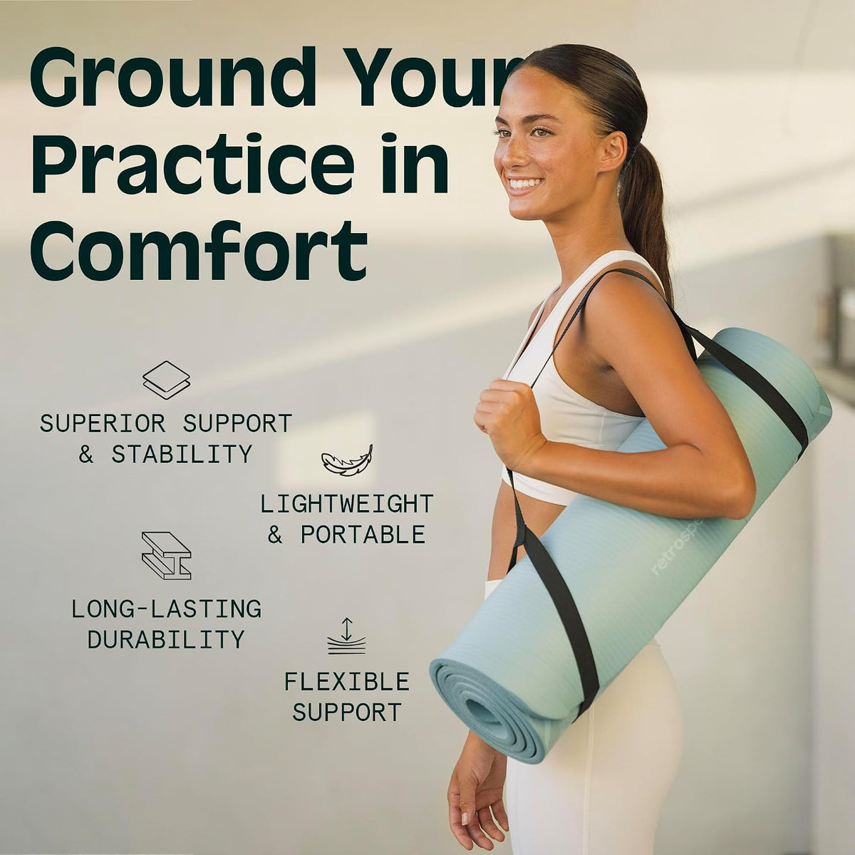 Retrospec Solana - Tapete de yoga grueso de 1/2 pulgada antideslizante con correa de nailon, 72 x 24 pulgadas, tapete de ejercicio para pilates, estiramiento y fitness, sin BPA, fácil de limpiar