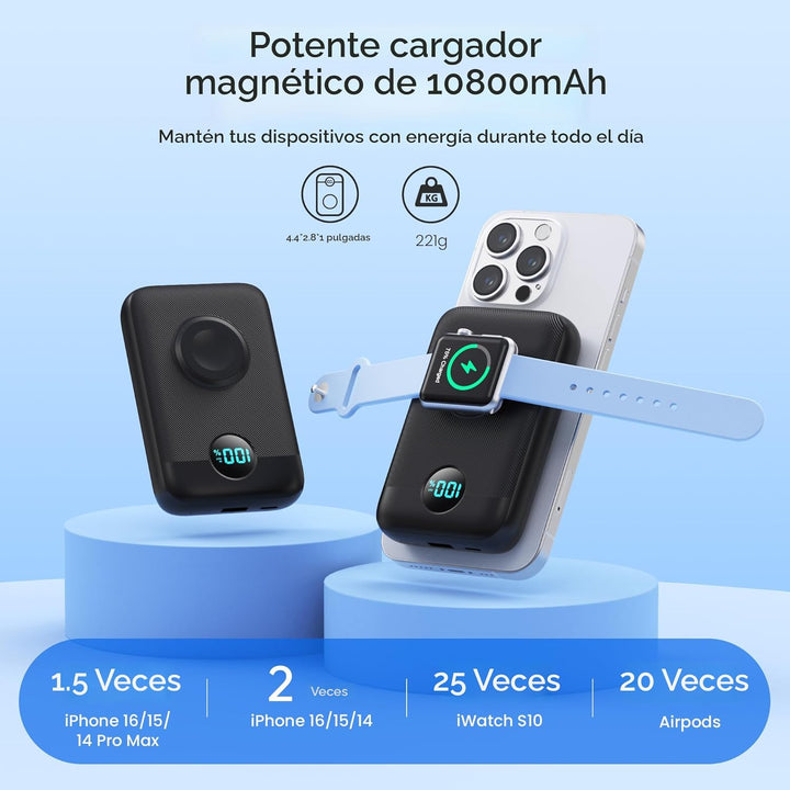Cargador portátil magnético para iPhone y Apple Watch, 10800 mAh, 2...