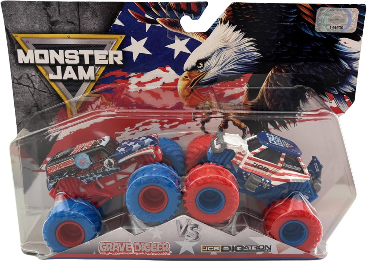 Monster Jam Grave Digger vs JCB Digatron Diecast Truck - Exclusivo Rojo Blanco Azul