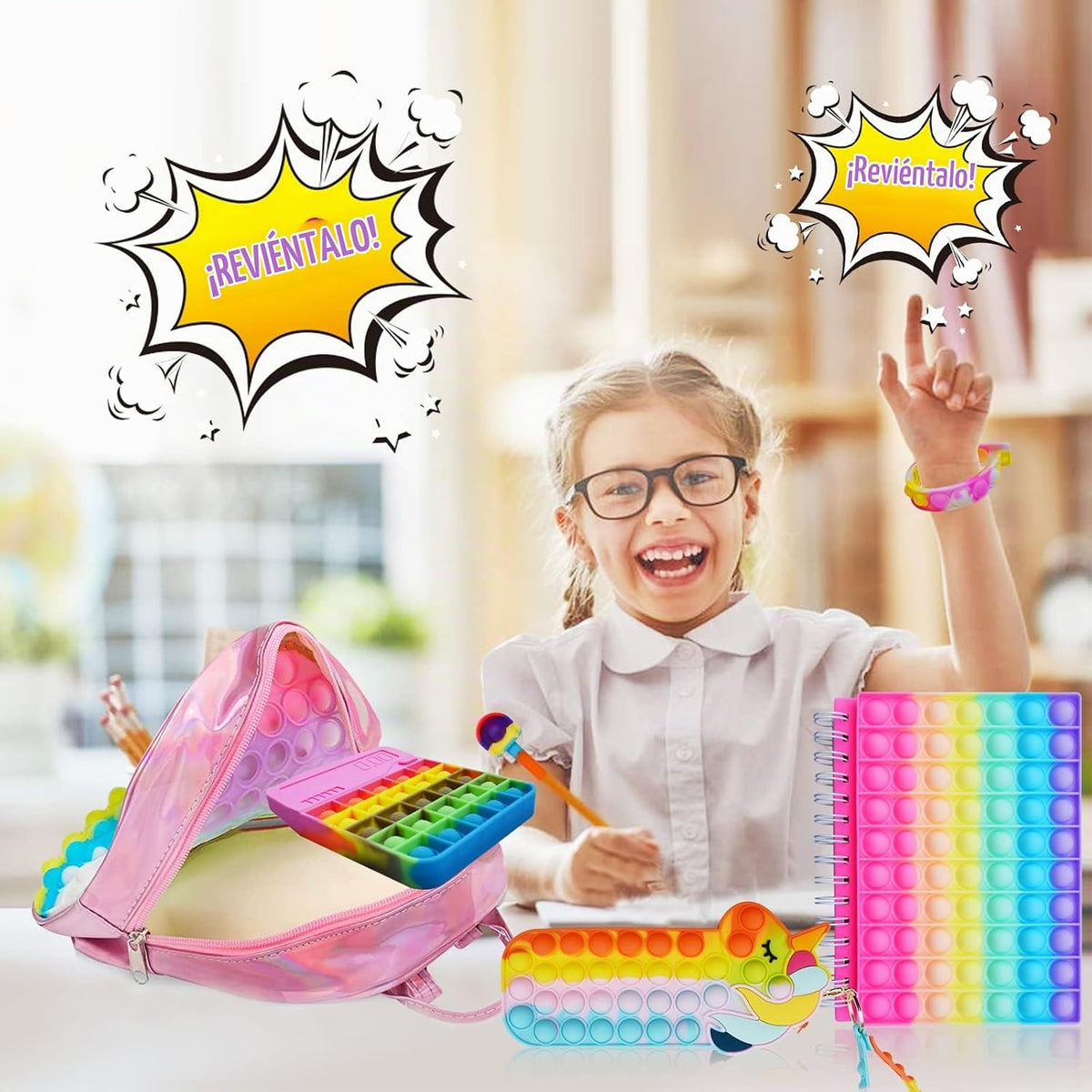 Mochila Pop Fidget para niñas, bolsas de reventar y cuaderno pop it y estuche de lápices de unicornio para niños, suministros escolares para aliviar el estrés, gran regalo de cumpleaños para niños