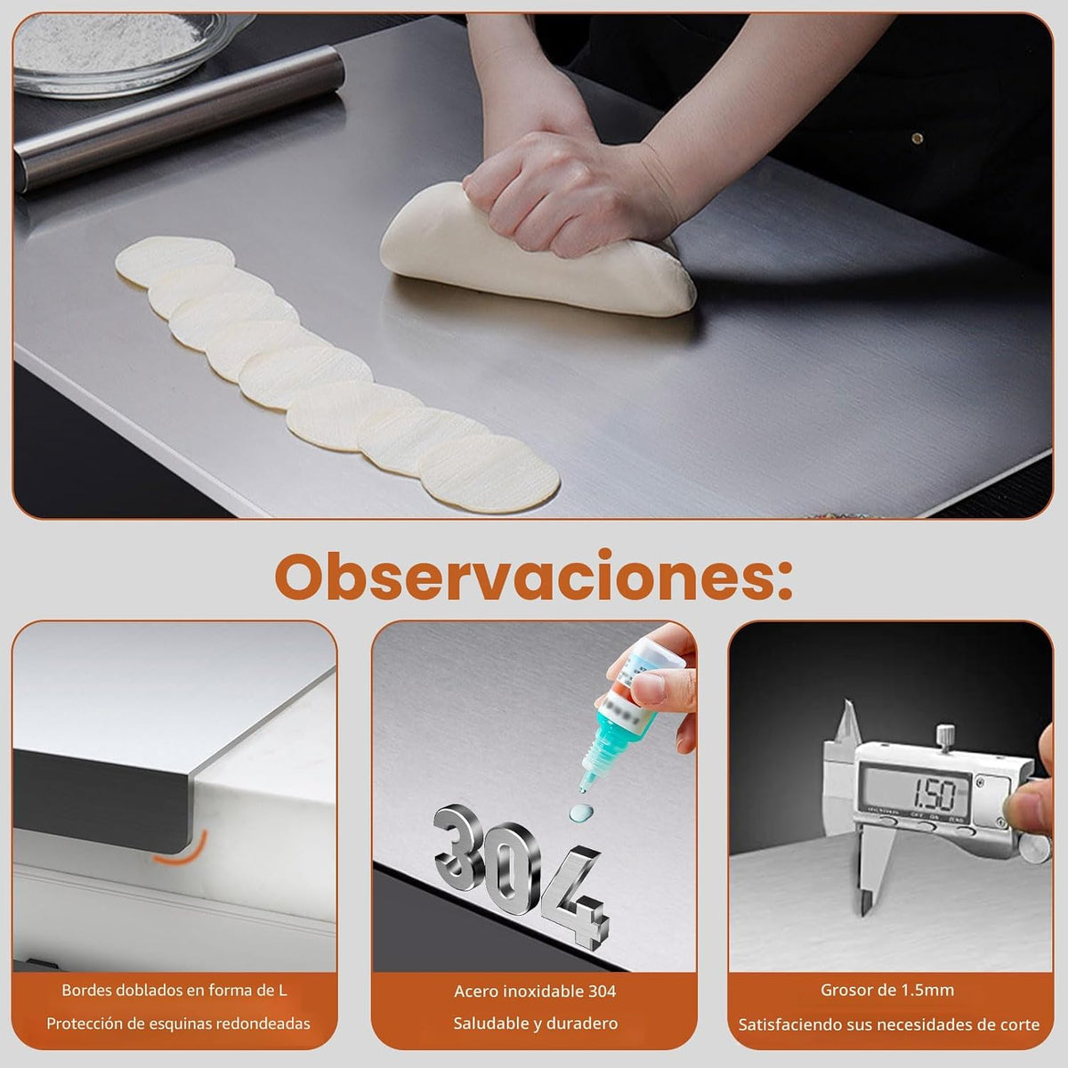Tablas de cortar de acero inoxidable para cocina, tablas de cortar de acero inoxidable 304 con borde y almohadilla de silicona antideslizante para cortar carnes y frutas, fácil de limpiar (15.7 x 19.6