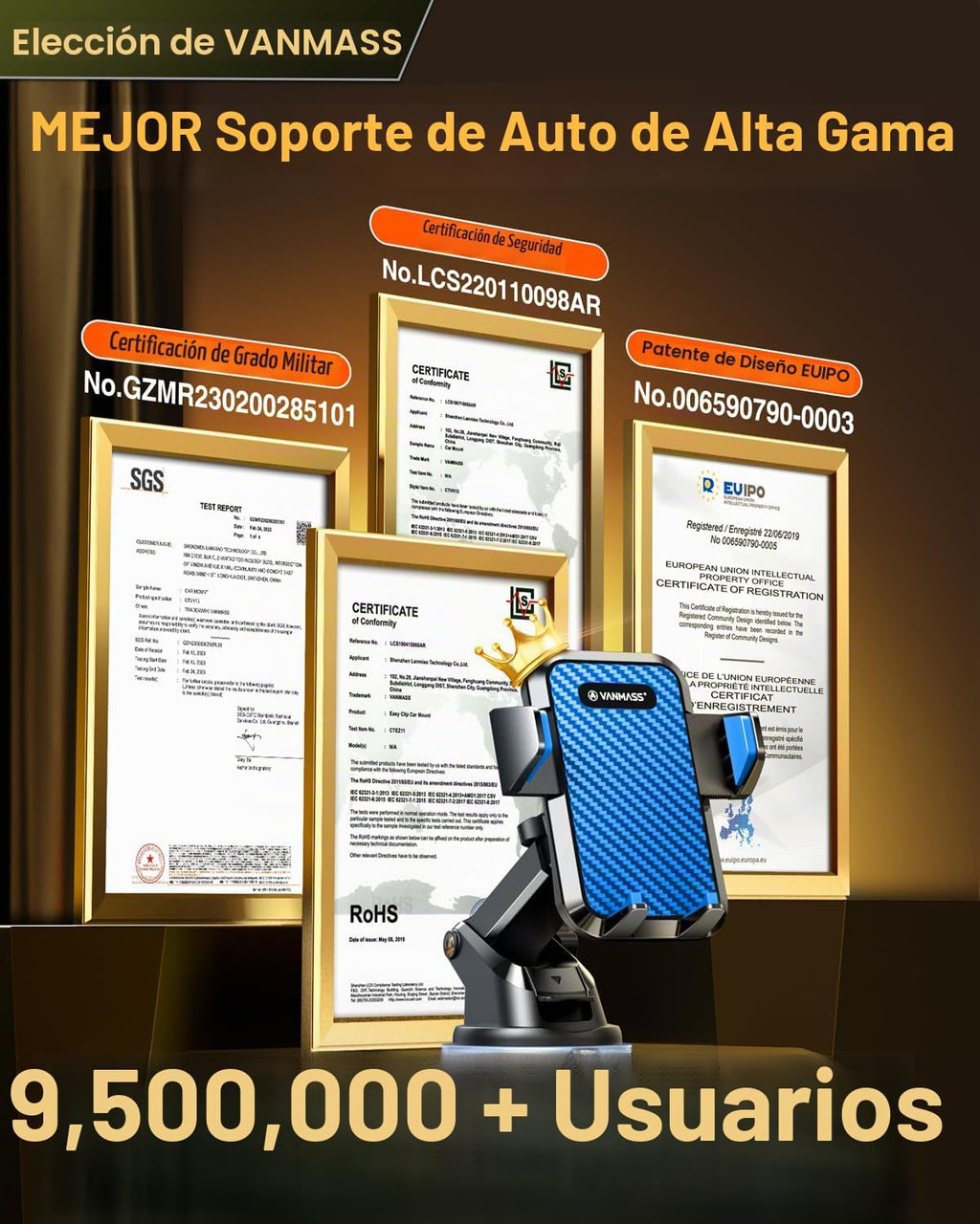 VANMASS Soporte de teléfono para automóvil de grado militar y ventosa más fuerte de 85 libras. Patente y certezas de seguridad: soporte para teléfono celular para ventilación del parabrisas del