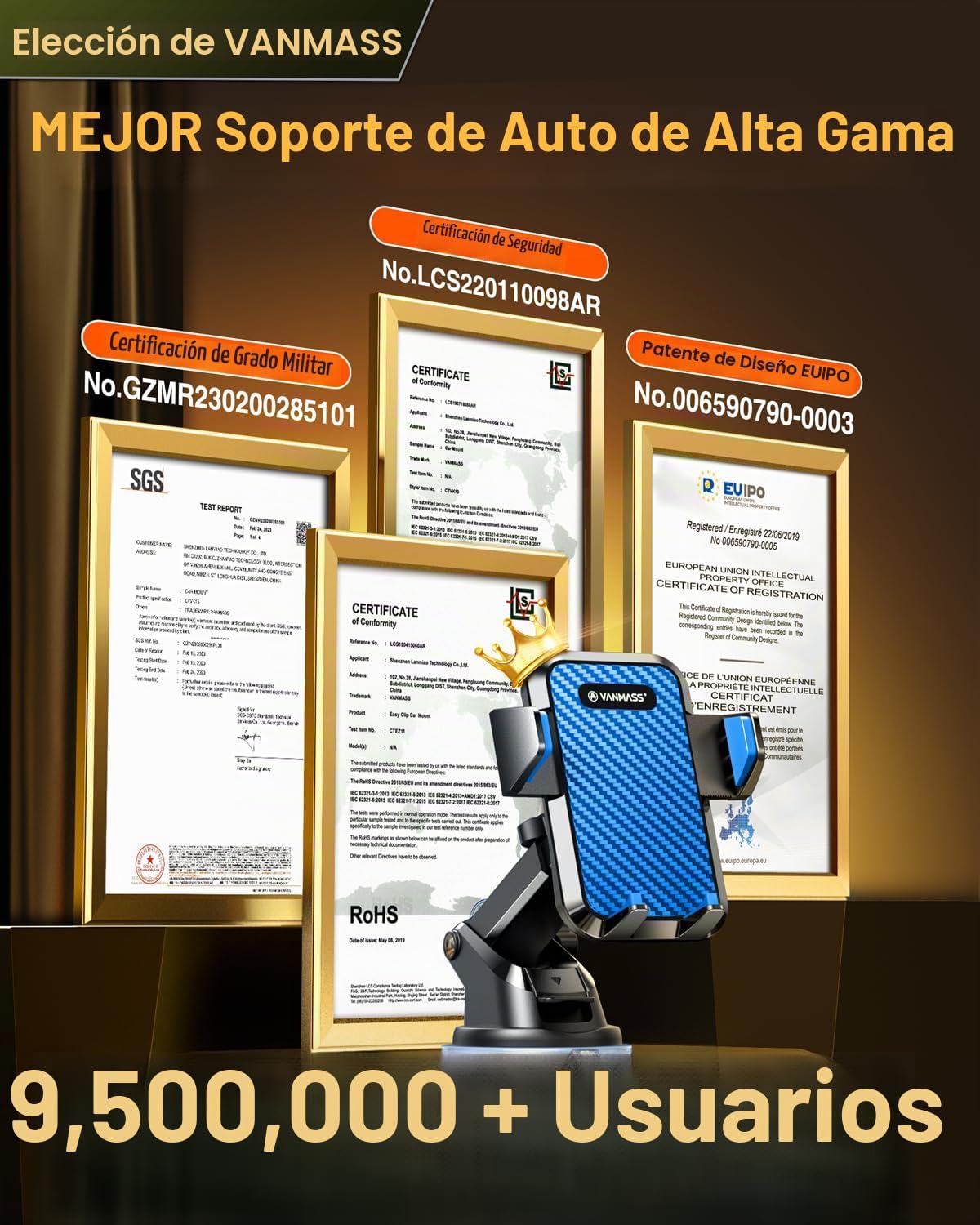 VANMASS Soporte de teléfono para automóvil de grado militar y ventosa más fuerte de 85 libras. Patente y certezas de seguridad: soporte para teléfono celular para ventilación del parabrisas del