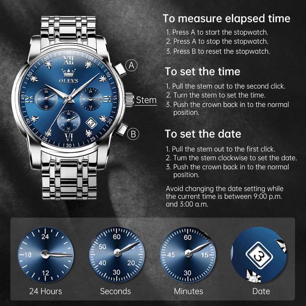 OLEVS Relojes de Hombre Lujo Impermeable Luminiscente Fácil de Leer Cronógrafo Oro Completo/Esfera Blanca/Esfera Negra Reloj de Pulsera con Calendario