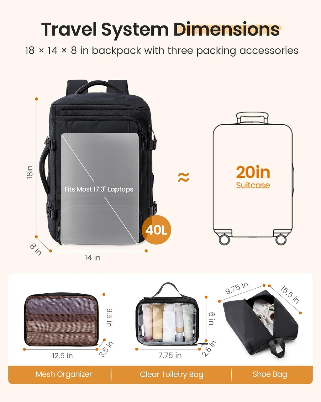 LOVEVOOK Mochila de viaje, Negro, 18 pulg., Viajes
