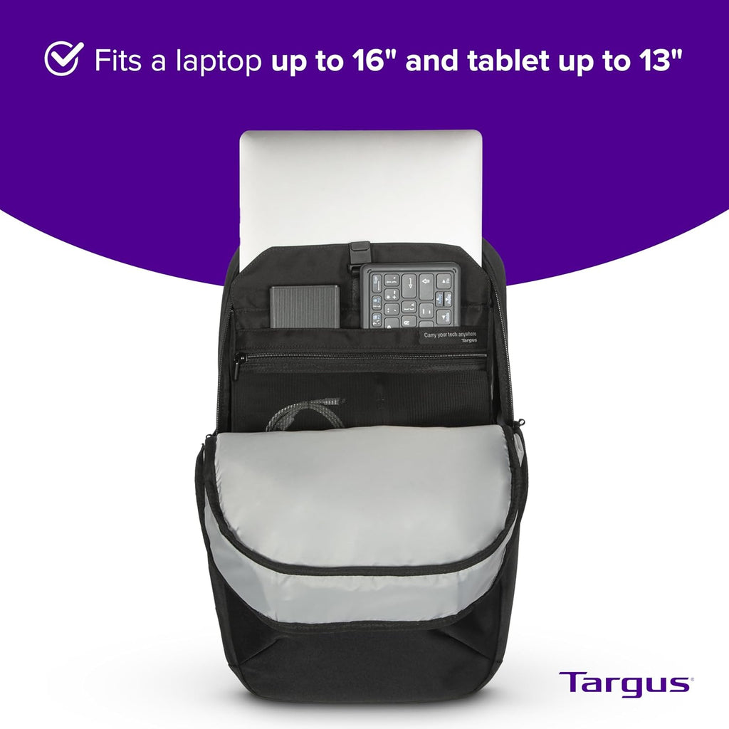 Targus Mochila Work+ EcoSmart de 15 a 16 pulgadas, organizador técnico desmontable, cremalleras con cerradura, materiales reciclados, capacidad de 23 litros, bolsillo para botella de agua, diseño