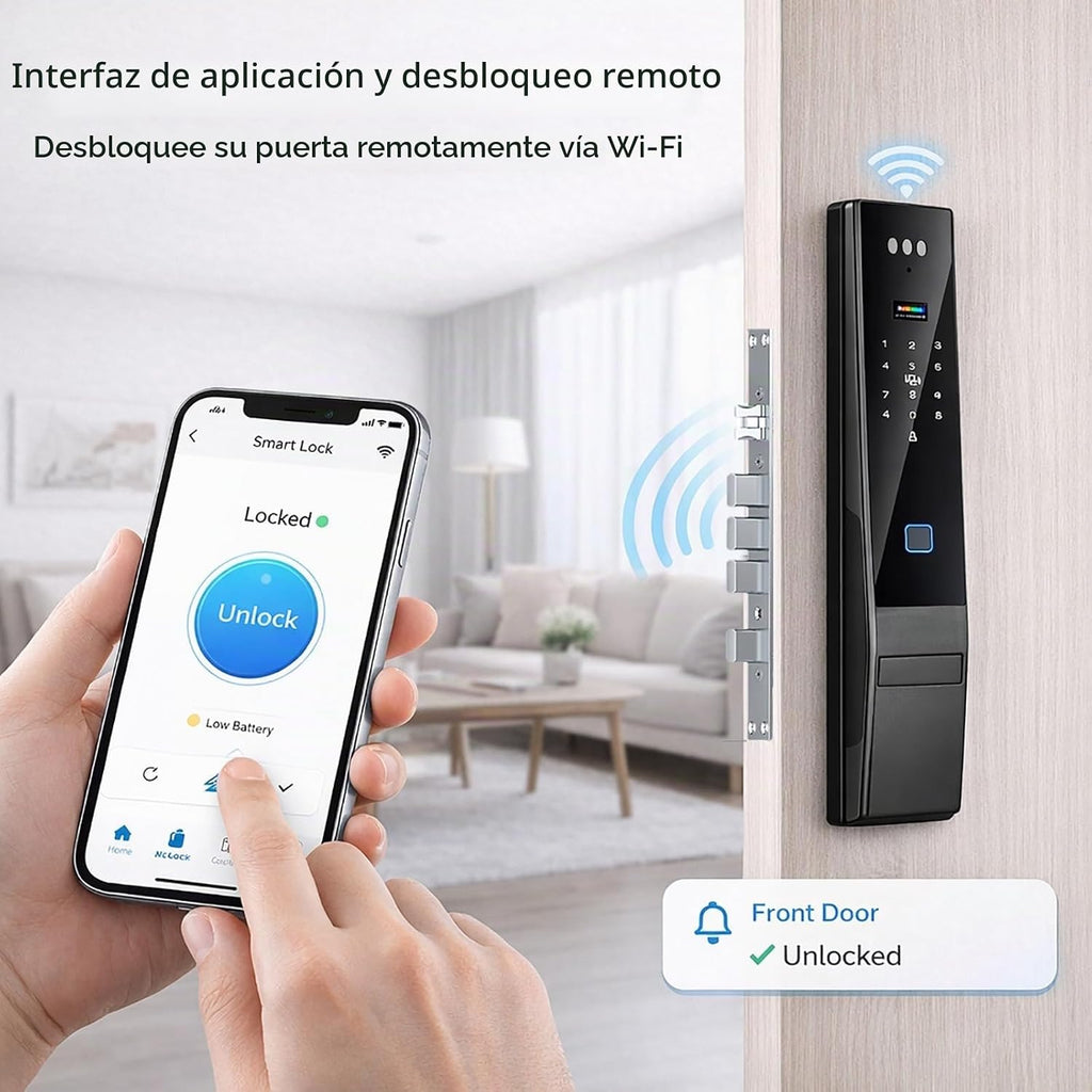 Cerradura de puerta inteligente con videoportero: reconocimiento facial 3D y entrada de huellas dactilares, cerrojo digital Palm Scan con control de aplicaciones, entrada sin llave para hogares