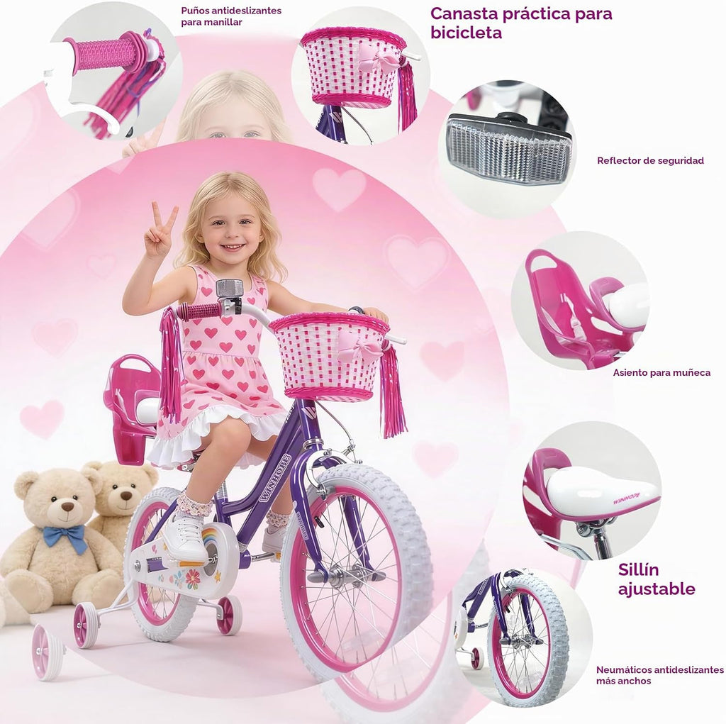 Bicicleta WinHope Fairy Girls con Asiento para Muñeca, Bicicleta Infantil de 12-20 Pulgadas para Edades 2-12