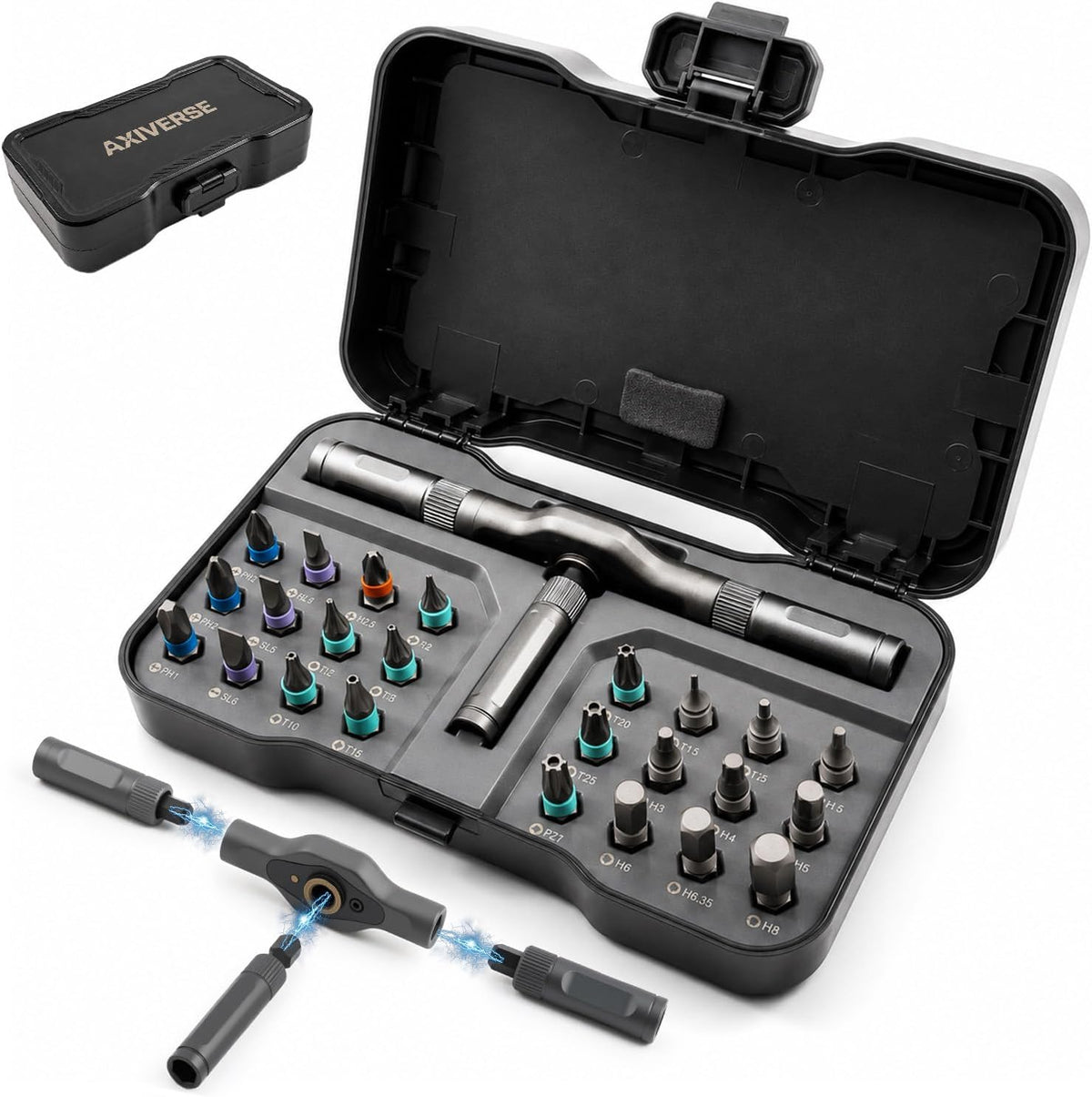Juego de Destornilladores de Carraca Magnética, Juego 24 en 1 Ratchet Screwdriver Sets, Puntas de Acero S2, DIY, Adecuado para Montaje de Muebles, Reparación de Aparatos Eléctricos de Precisión, Herramientas para Bicicleta