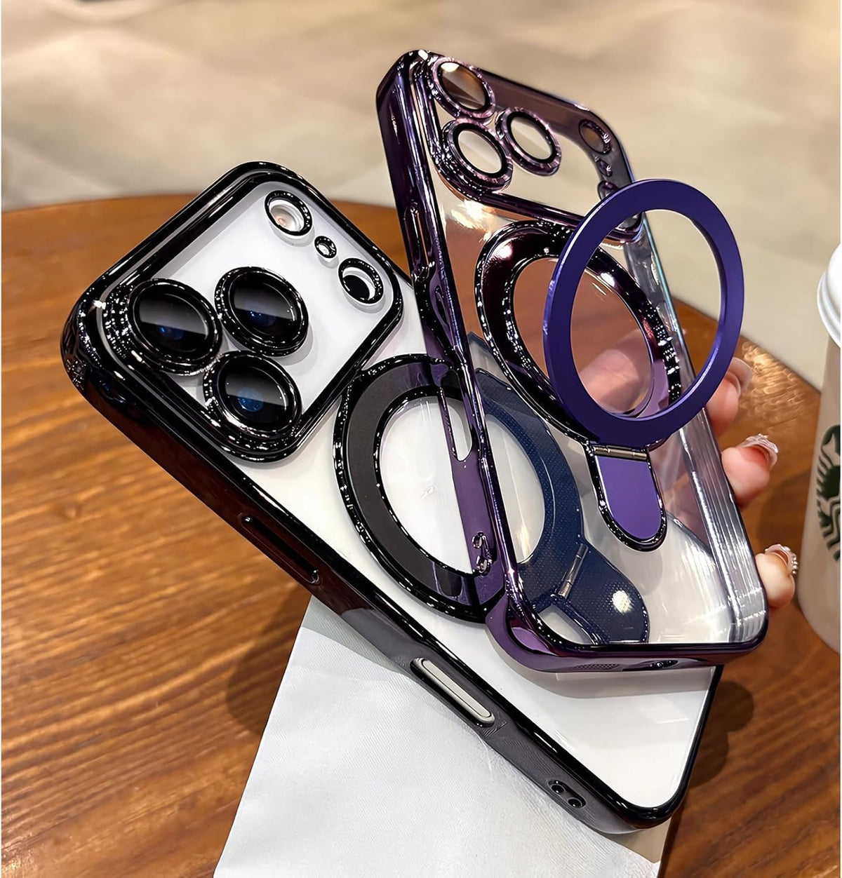 Funda magnética transparente para iPhone 17 Pro Max con soporte, protección completa de la cámara [compatible con Magsafe], funda para iPhone 17 Pro Max de 6.9 pulgadas, color morado