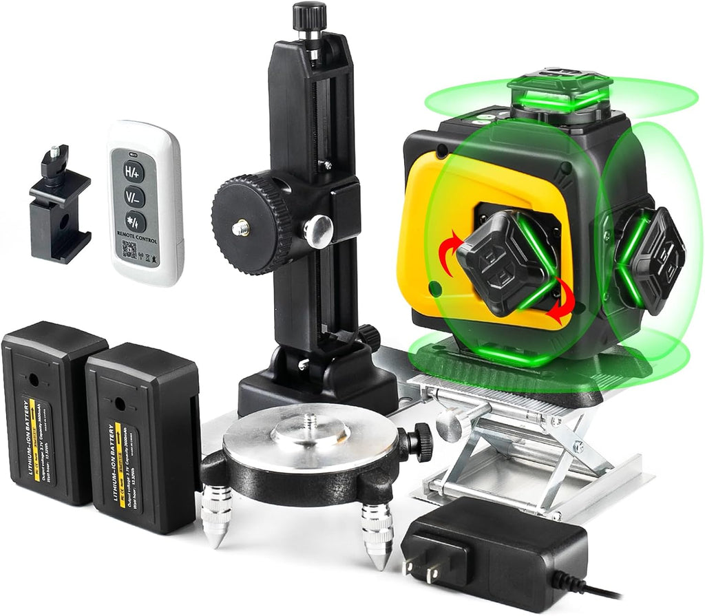 Nivel láser autonivelante, haz verde de 4 x 360° de cobertura de toda la habitación con control remoto y ventana giratoria para colgar fotos y renovar el hogar