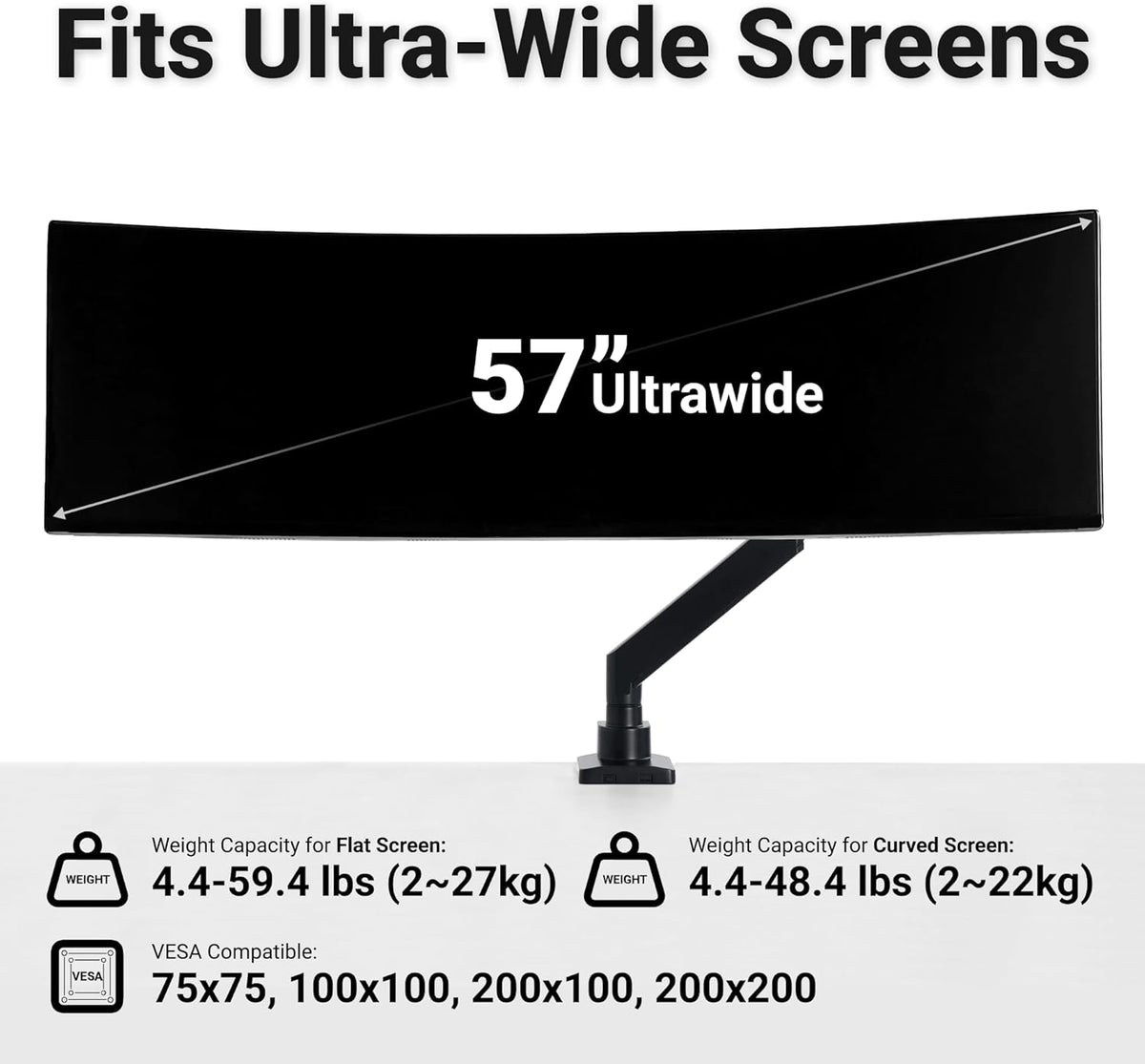 Brazo de monitor resistente para pantallas ultraanchas de 57", soporta hasta 59.4 libras, soporte de escritorio de movimiento completo con VESA de liberación rápida (75/100/7.874 in