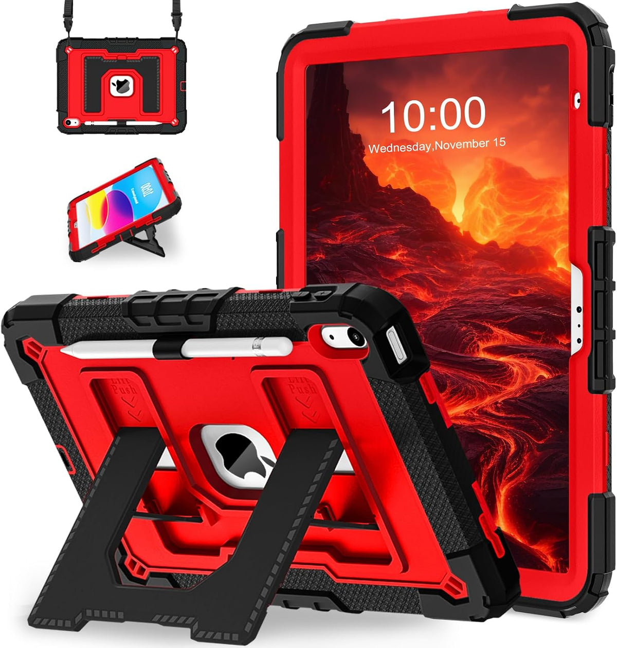 WESOROL Funda para iPad A16 de 11ª generación de 11 pulgadas (2025) iPad de 10.9 pulgadas (2022), funda i Pad A16 de grado militar, a prueba de golpes, con soporte para lápices, correa para el hombro, negro y rojo