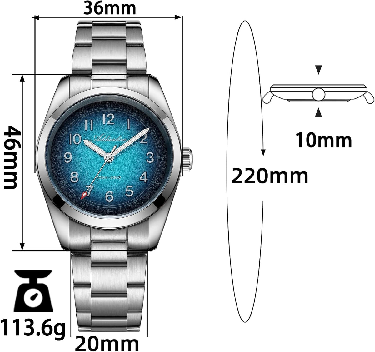 ADDIESDIVE 36MM Relojes para Hombre Dress 10MM Delgado Zafiro Resistente al Agua Lector Fácil