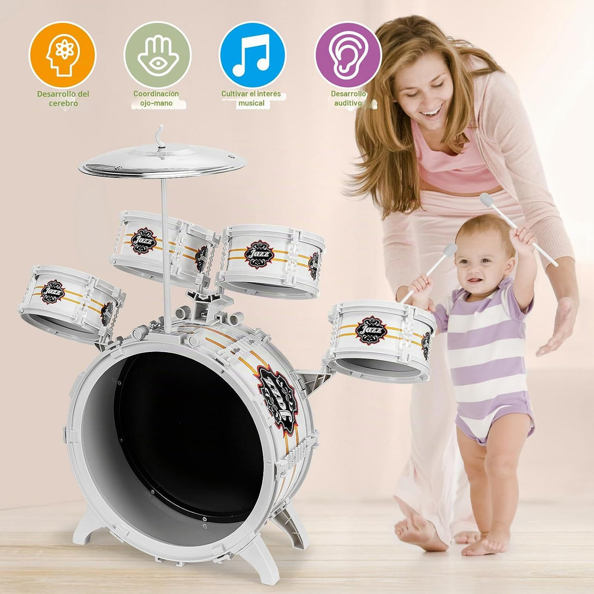 Juego de batería para niños pequeños de 1 a 3 a 5 años, juguetes musicales