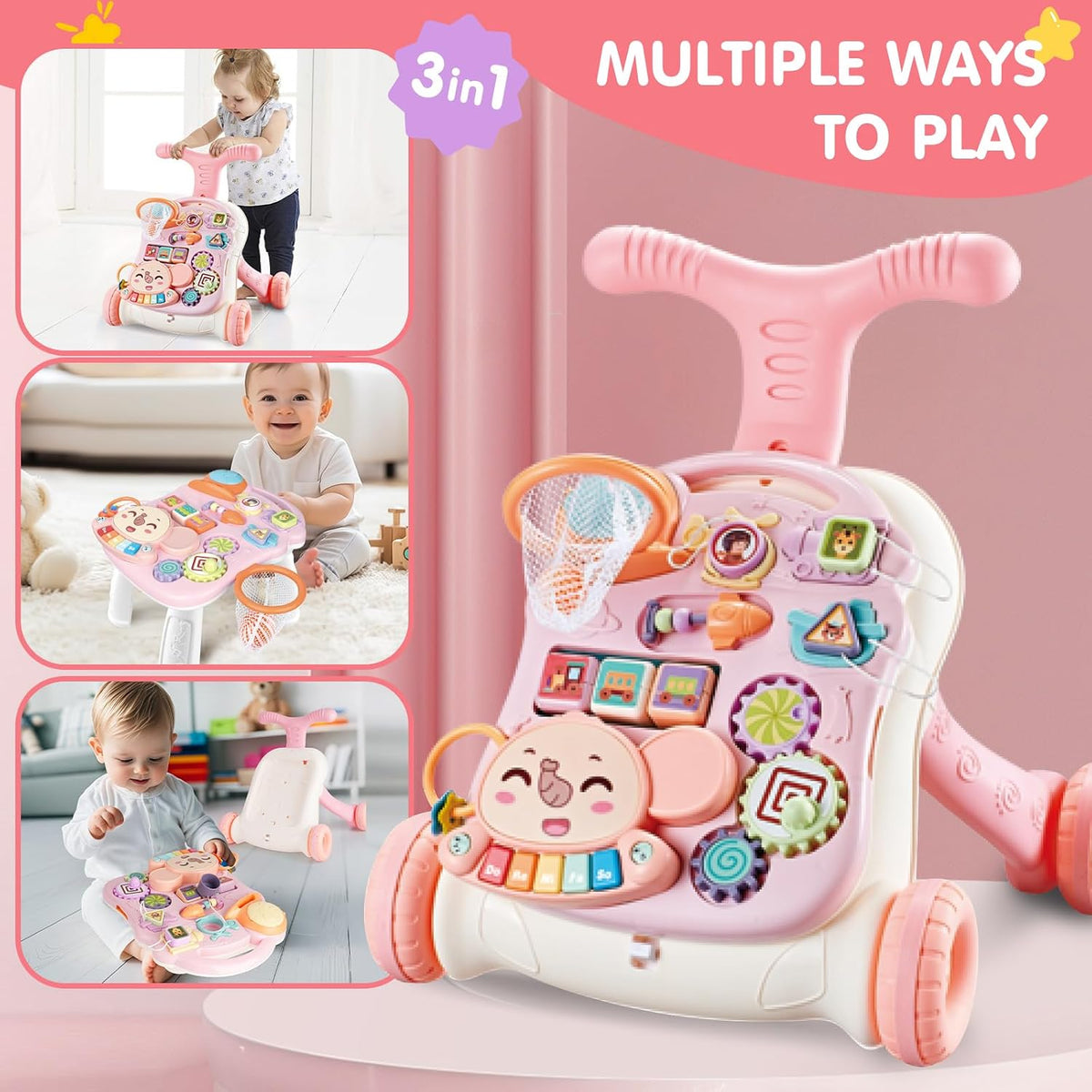 AuntyFey Baby Walker, 3 en 1 Push Walker para Niñas y Niños, Juguete para Aprender a Caminar para 1 Año, de Sentarse a Pararse, Juguete Andador para Niñas 12 Meses, Rosa