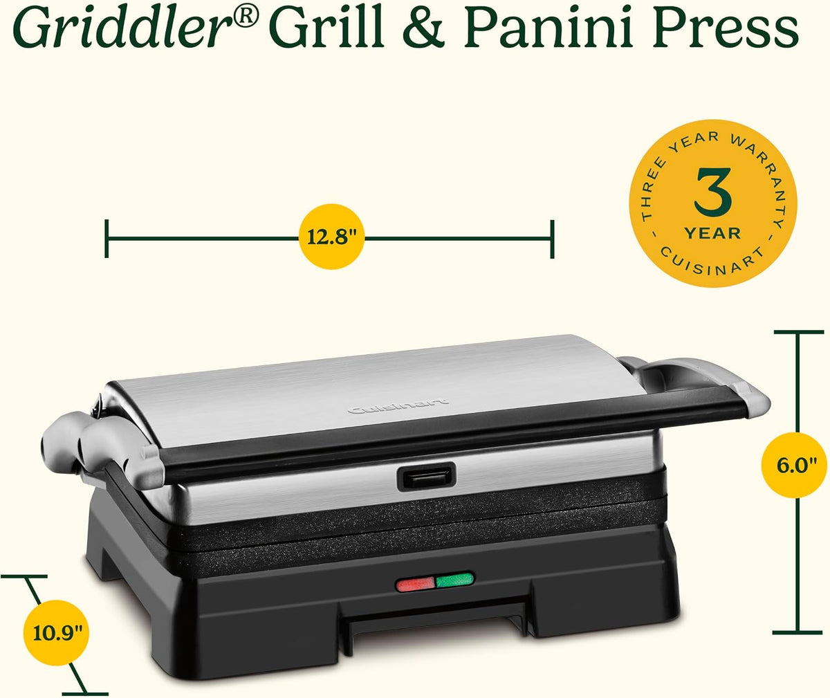 Cuisinart Griddler® - Parrilla interior y prensa Panini, platos de cocina antiadherentes aptos para lavavajillas, acero inoxidable, GR-11NAS
