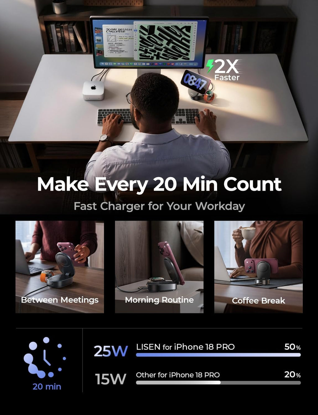 LISEN Estación de carga Qi2.2 25W 3 en 1 Apple para iPhone 17/18 Duo