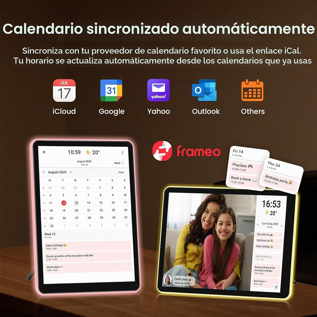 ApoloSign Marco de fotos digital con luz de neón de 10 pulgadas, calendario digital de escritorio, programación de sincronización automática a través de la aplicación Frameo, pantalla táctil IPS de 2 K, LED que cambia de color | Comparte fotos y videos al