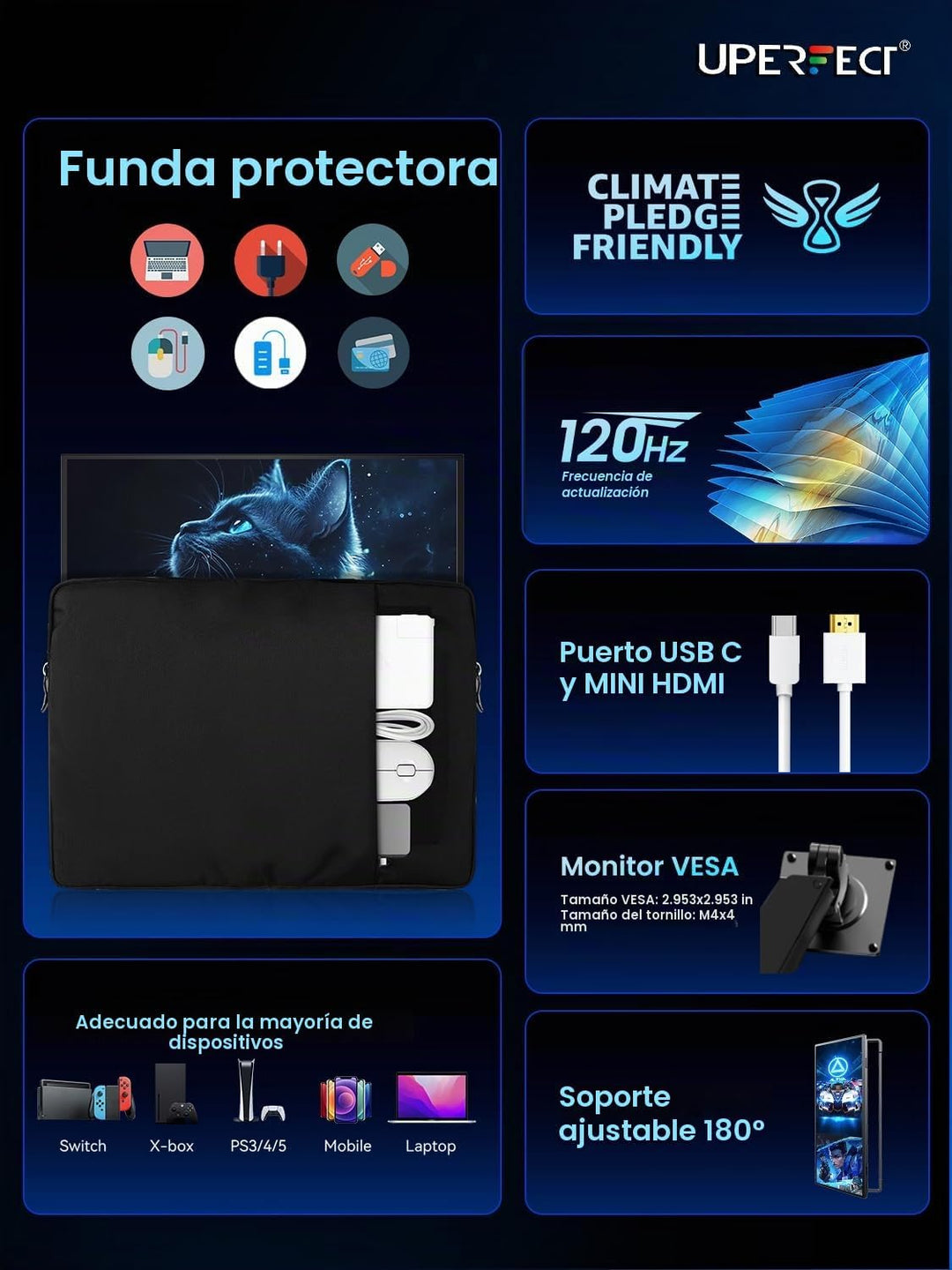 UPERFECT Monitor portátil de 18.5 pulgadas, 120Hz, pantalla táctil,...